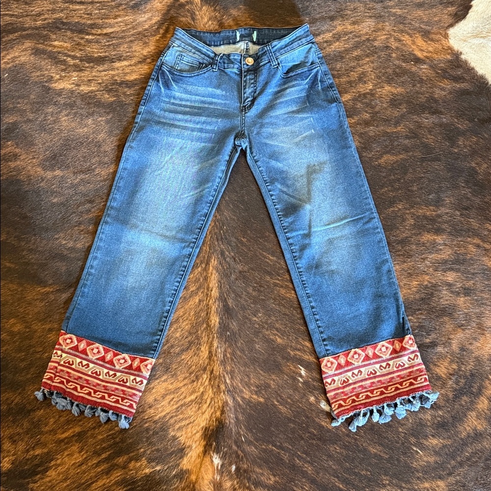 Embroidered Tassled Cuff Blue Jeans